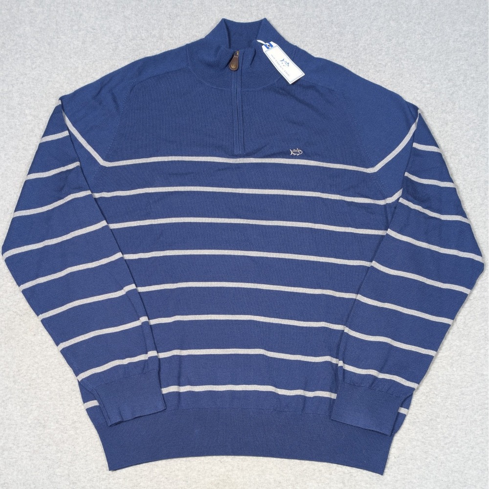 New Southern Tide Merino Wool Sweater Men's XL Pullover 1/4 Zip Striped Blue